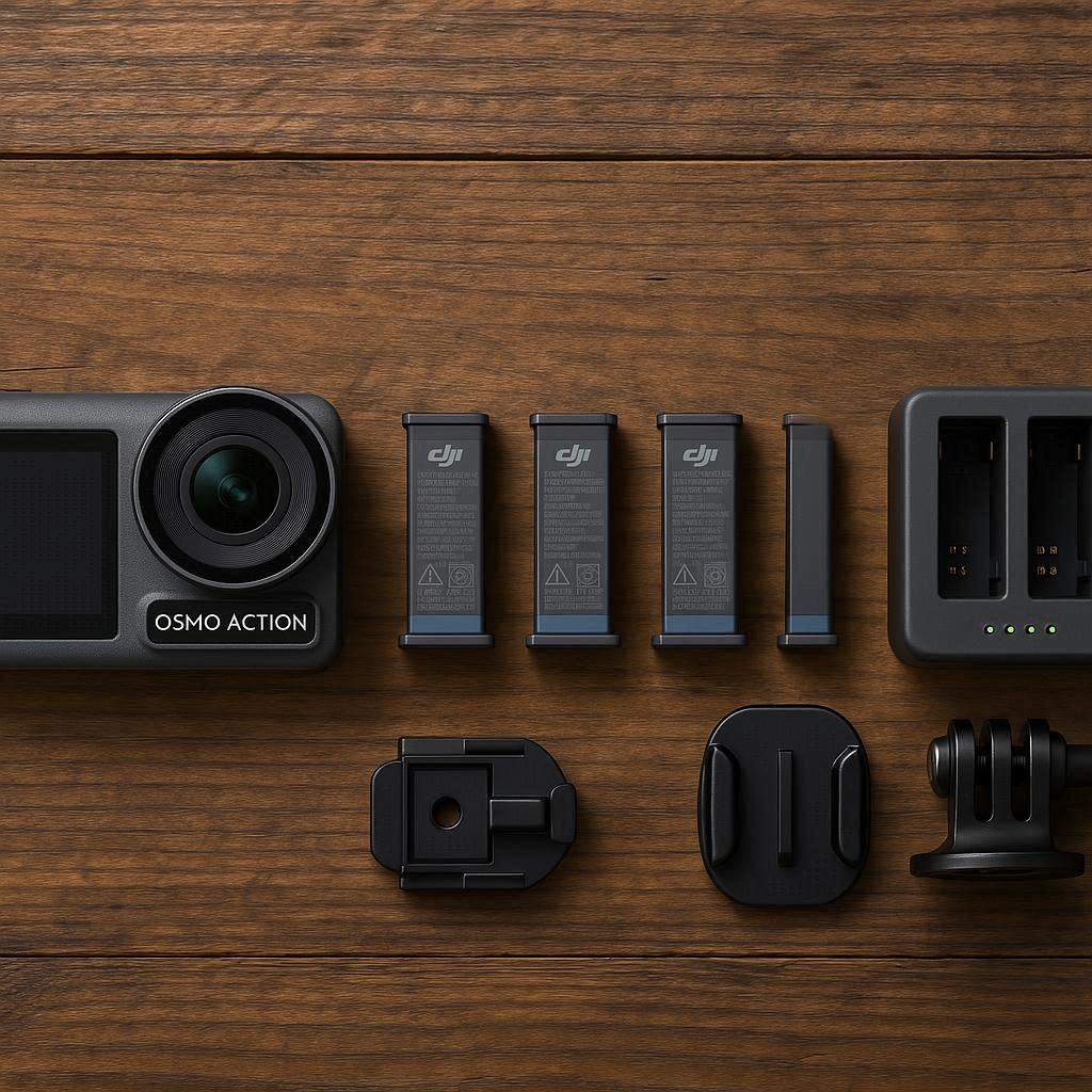 DJI Osmo Action 5 Pro Adventure Combo showing three batteries and charging hub