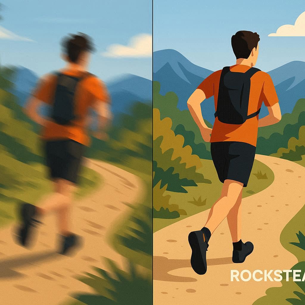 Split-screen comparison showing the powerful RockSteady+ stabilization effect on DJI Osmo Action 5 Pro