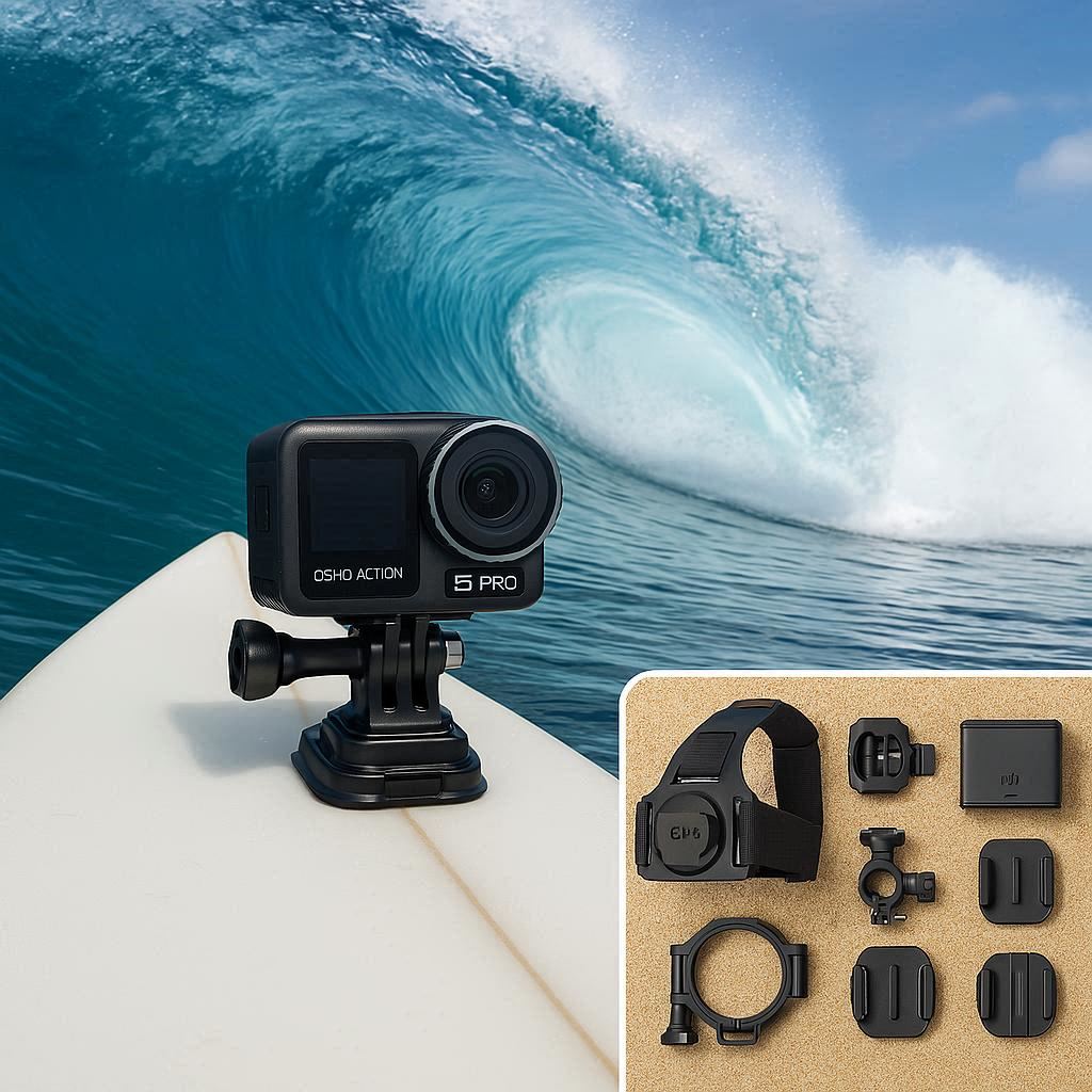 DJI Osmo Action 5 Pro attached to a surfboard with all Adventure Combo mounts shown