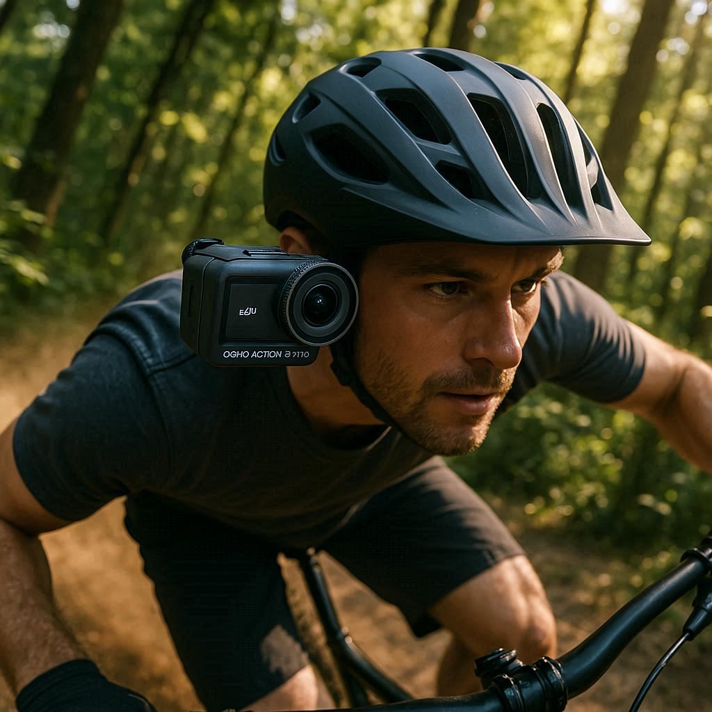 DJI Osmo Action 5 Pro mounted on a helmet for mountain biking adventure