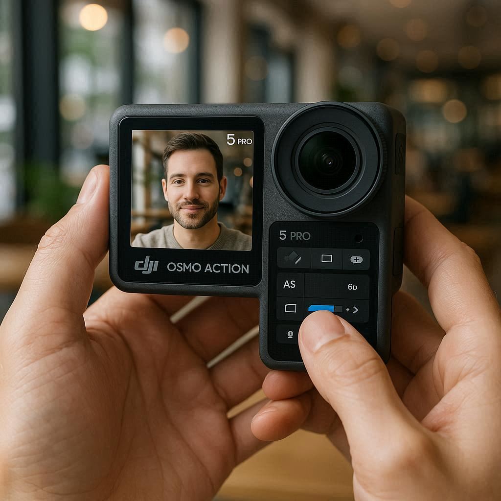 Vlogger using the front and rear dual OLED touchscreens on the DJI Osmo Action 5 Pro camera