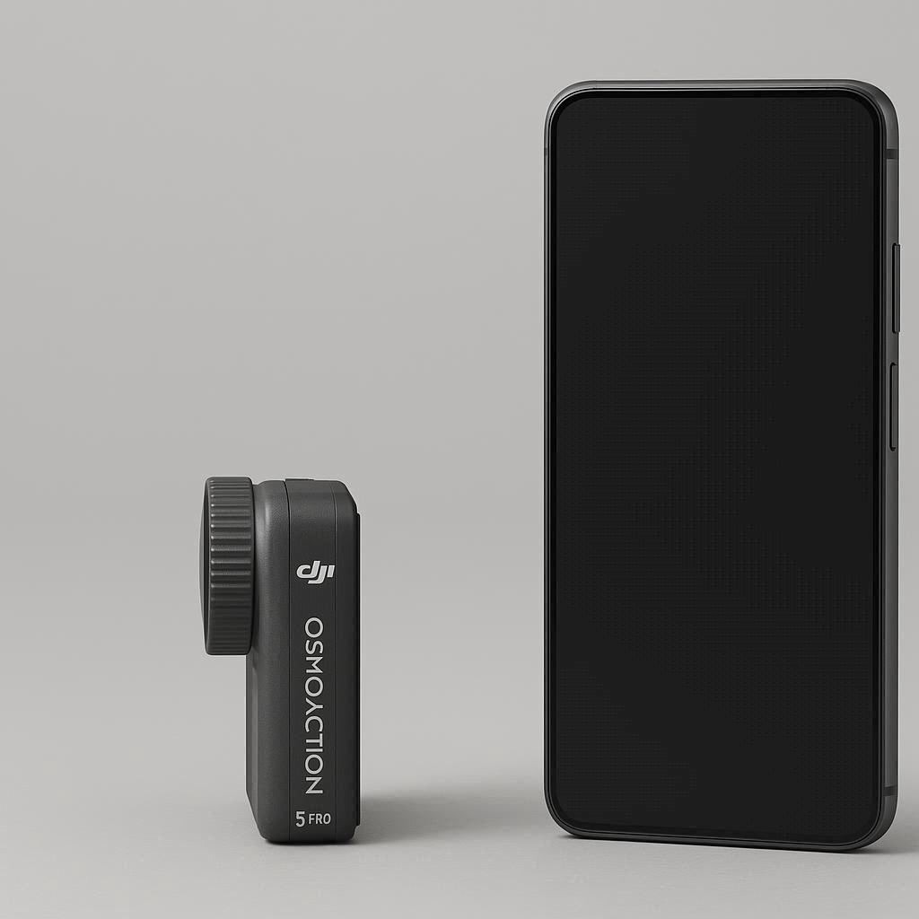 Size comparison showing how compact and mini the DJI Osmo Action 5 Pro action camera is
