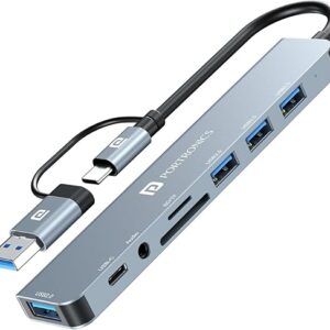 Portronics Mport 8 Plus Dual Hub Dock(Type C and USB) (8-in-1) with AUX, USB 3.0, microSD/SD Card Reader, Type-C Data, PD Charging, USB 2.0, Type-C and USB Plug for Laptop, Mac, PC (Grey)